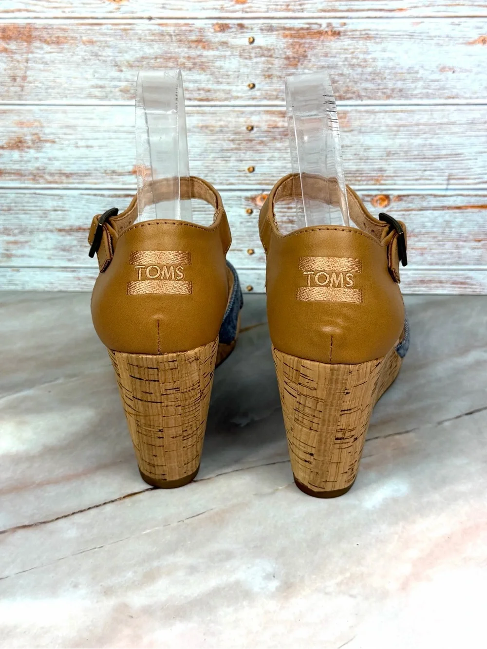 NEW TOMS Sienna Wedge Sandals Chambray Blue and Tan Cork Wedge Platform
